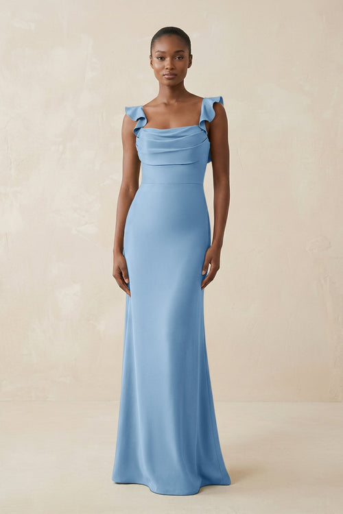 Ruffled Sleeve Sheath Satin Bridesmaid Dress in Sky Blue - KissProm Bridesmaid Dresses
