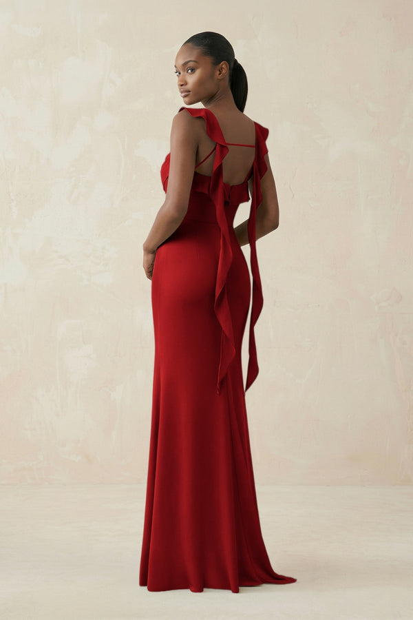 Ruffled Sleeve Sheath Satin Bridesmaid Dress in Spice - KissProm Bridesmaid Dresses