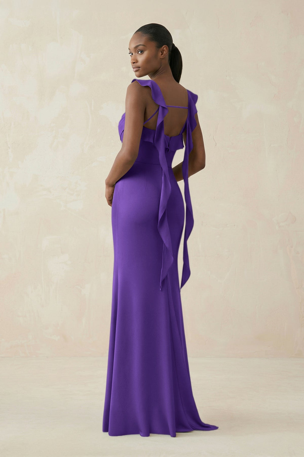 Ruffled Sleeve Sheath Satin Bridesmaid Dress in Tahiti - KissProm Bridesmaid Dresses