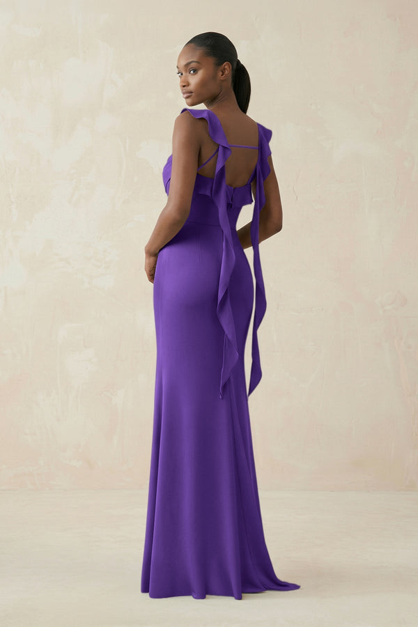 Ruffled Sleeve Sheath Satin Bridesmaid Dress in Tahiti - KissProm Bridesmaid Dresses