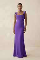 Ruffled Sleeve Sheath Satin Bridesmaid Dress in Tahiti - KissProm Bridesmaid Dresses