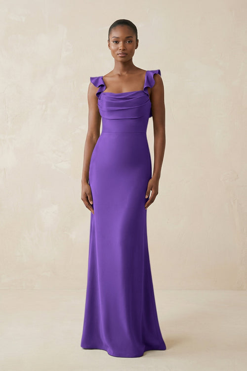 Ruffled Sleeve Sheath Satin Bridesmaid Dress in Tahiti - KissProm Bridesmaid Dresses
