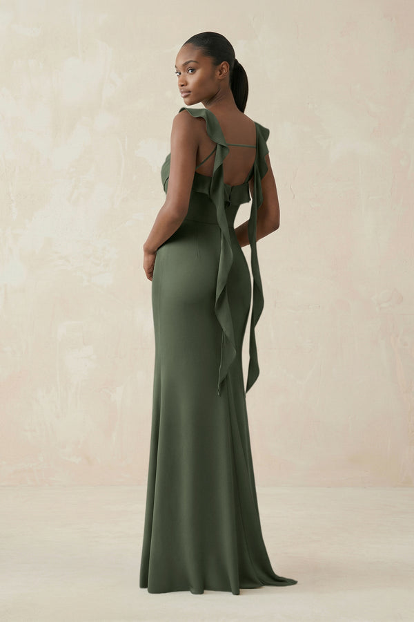Ruffled Sleeve Sheath Satin Bridesmaid Dress in Thyme - KissProm Bridesmaid Dresses