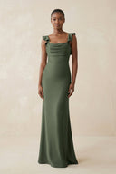 Ruffled Sleeve Sheath Satin Bridesmaid Dress in Thyme - KissProm Bridesmaid Dresses