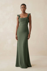 Ruffled Sleeve Sheath Satin Bridesmaid Dress in Thyme - KissProm Bridesmaid Dresses
