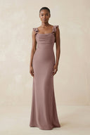 Ruffled Sleeve Sheath Satin Bridesmaid Dress in Toffee - KissProm Bridesmaid Dresses