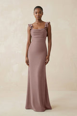 Ruffled Sleeve Sheath Satin Bridesmaid Dress in Toffee - KissProm Bridesmaid Dresses