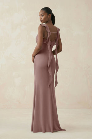 Ruffled Sleeve Sheath Satin Bridesmaid Dress in Toffee - KissProm Bridesmaid Dresses