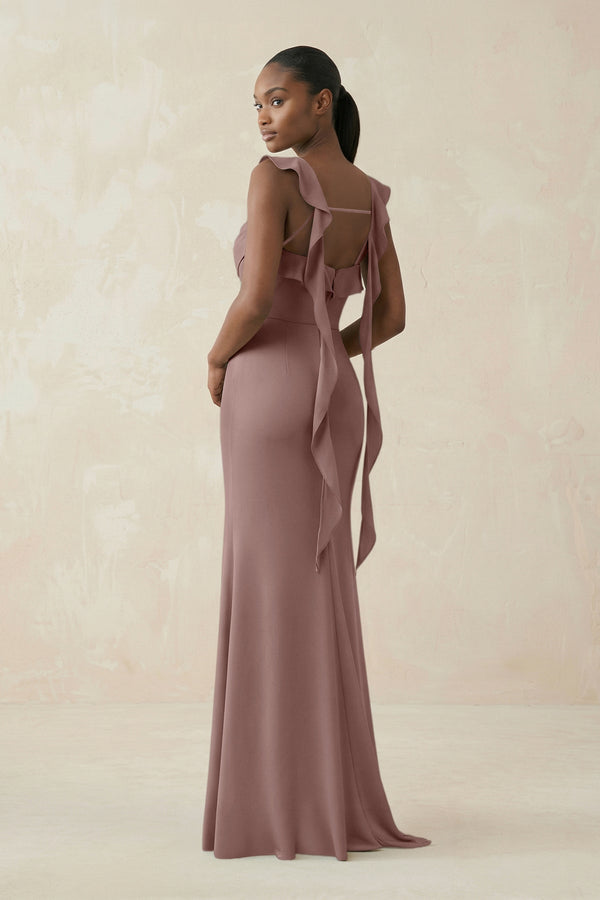 Ruffled Sleeve Sheath Satin Bridesmaid Dress in Toffee - KissProm Bridesmaid Dresses
