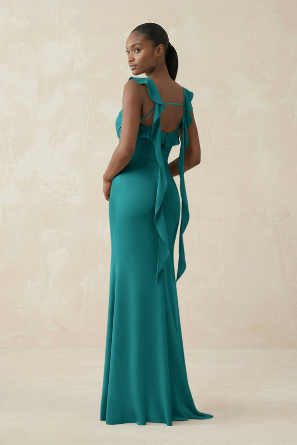 Ruffled Sleeve Sheath Satin Bridesmaid Dress in Turquoise - KissProm Bridesmaid Dresses