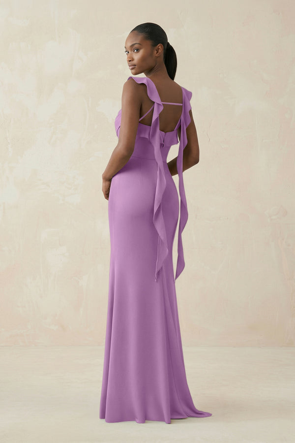 Ruffled Sleeve Sheath Satin Bridesmaid Dress in Vintage Mauve - KissProm Bridesmaid Dresses