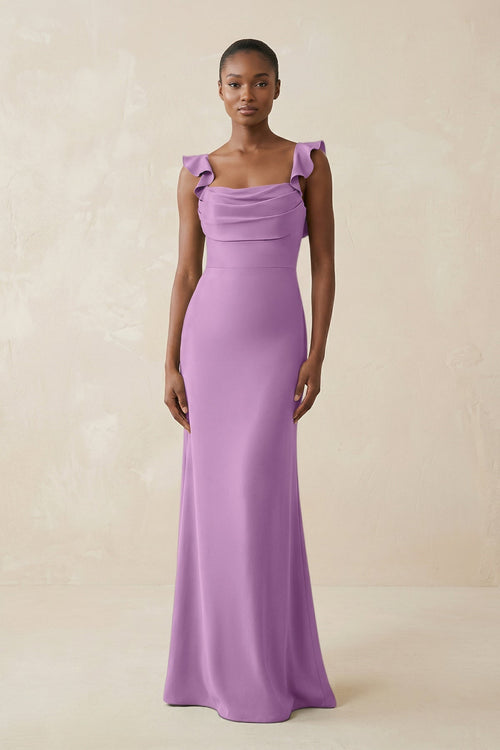Ruffled Sleeve Sheath Satin Bridesmaid Dress in Vintage Mauve - KissProm Bridesmaid Dresses