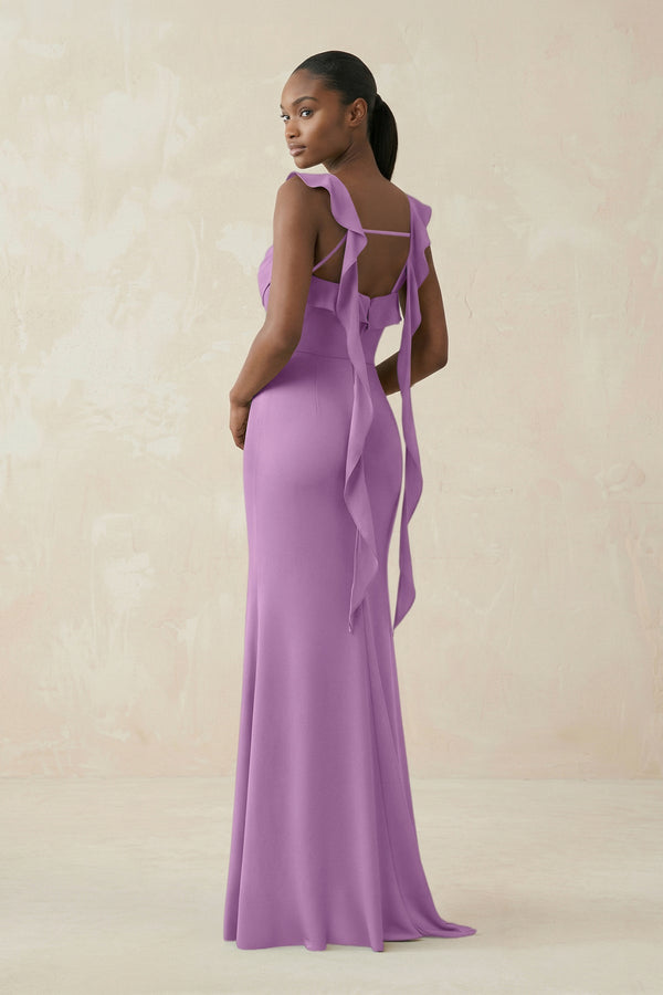 Ruffled Sleeve Sheath Satin Bridesmaid Dress in Vintage Mauve - KissProm Bridesmaid Dresses