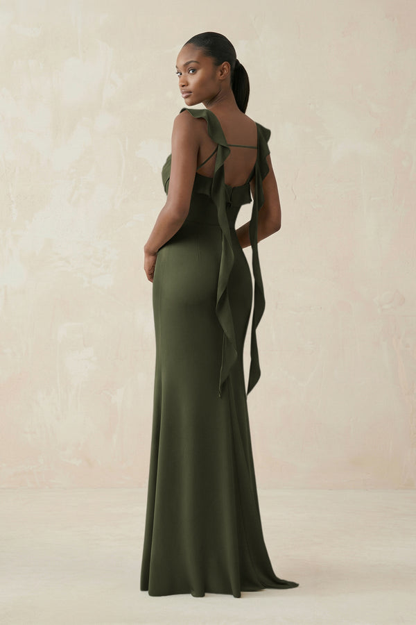 Ruffled Sleeve Sheath Satin Bridesmaid Dress in Willow Green - KissProm Bridesmaid Dresses