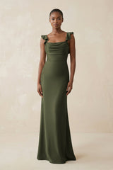 Ruffled Sleeve Sheath Satin Bridesmaid Dress in Willow Green - KissProm Bridesmaid Dresses