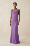 Ruffled Sleeve Sheath Satin Bridesmaid Dress in Wisteria - KissProm Bridesmaid Dresses