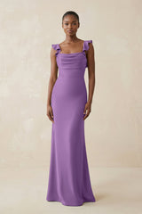 Ruffled Sleeve Sheath Satin Bridesmaid Dress in Wisteria - KissProm Bridesmaid Dresses