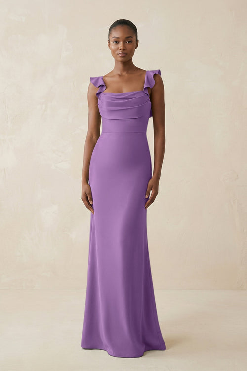 Ruffled Sleeve Sheath Satin Bridesmaid Dress in Wisteria - KissProm Bridesmaid Dresses