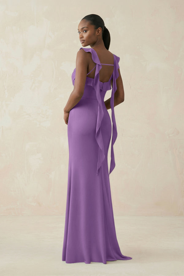 Ruffled Sleeve Sheath Satin Bridesmaid Dress in Wisteria - KissProm Bridesmaid Dresses