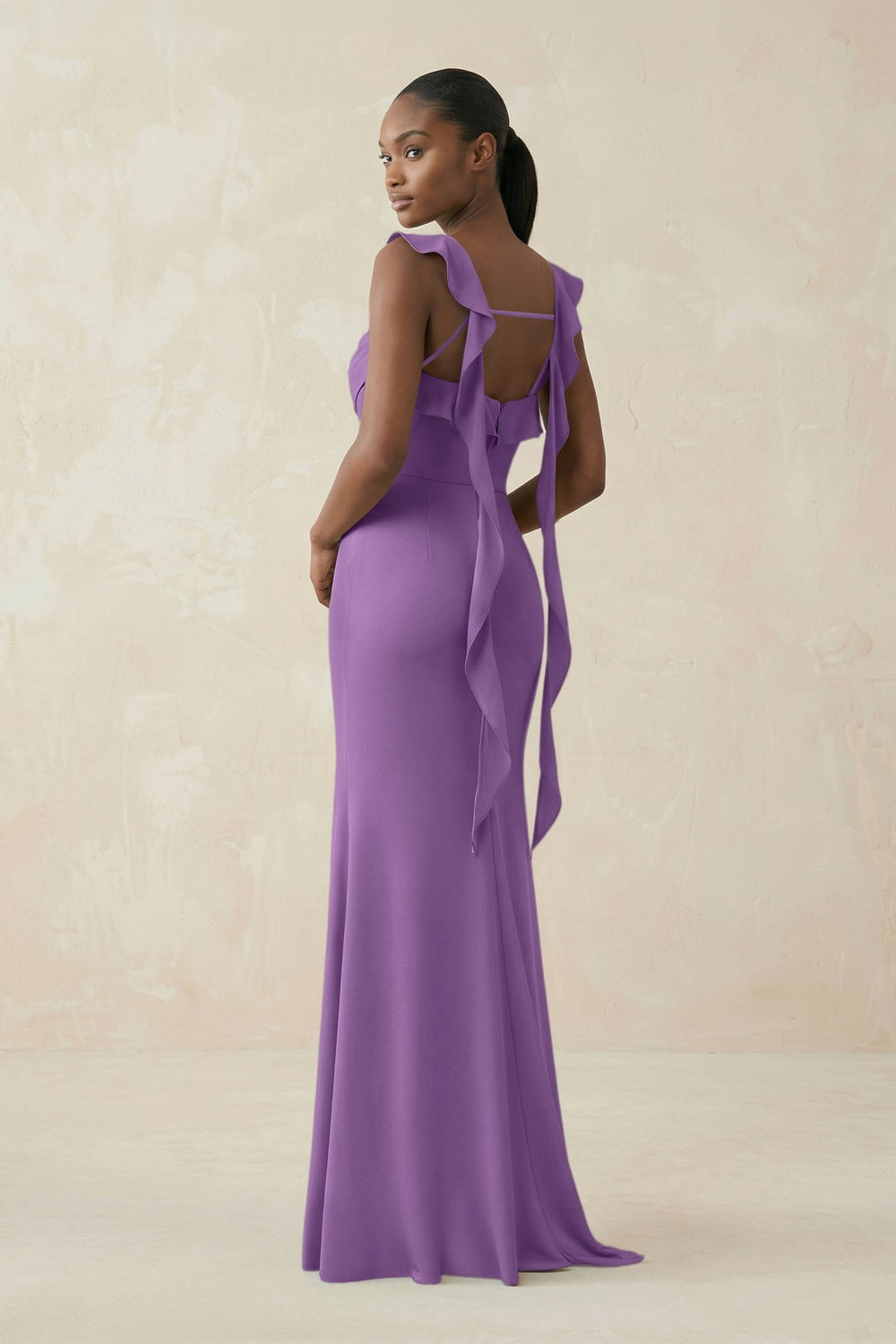 Ruffled Sleeve Sheath Satin Bridesmaid Dress in Wisteria - KissProm Bridesmaid Dresses