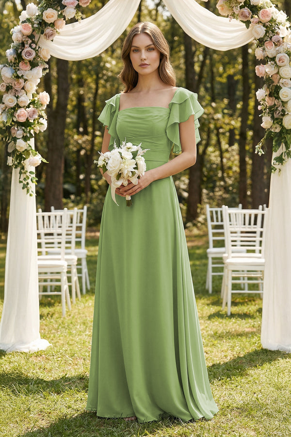 Ruffled Sleeves A-Line Chiffon Bridesmaid Dress in Matcha, Matcha / 8 Ruffled Sleeves A-Line Chiffon Bridesmaid Dress in Matcha, Matcha / 8