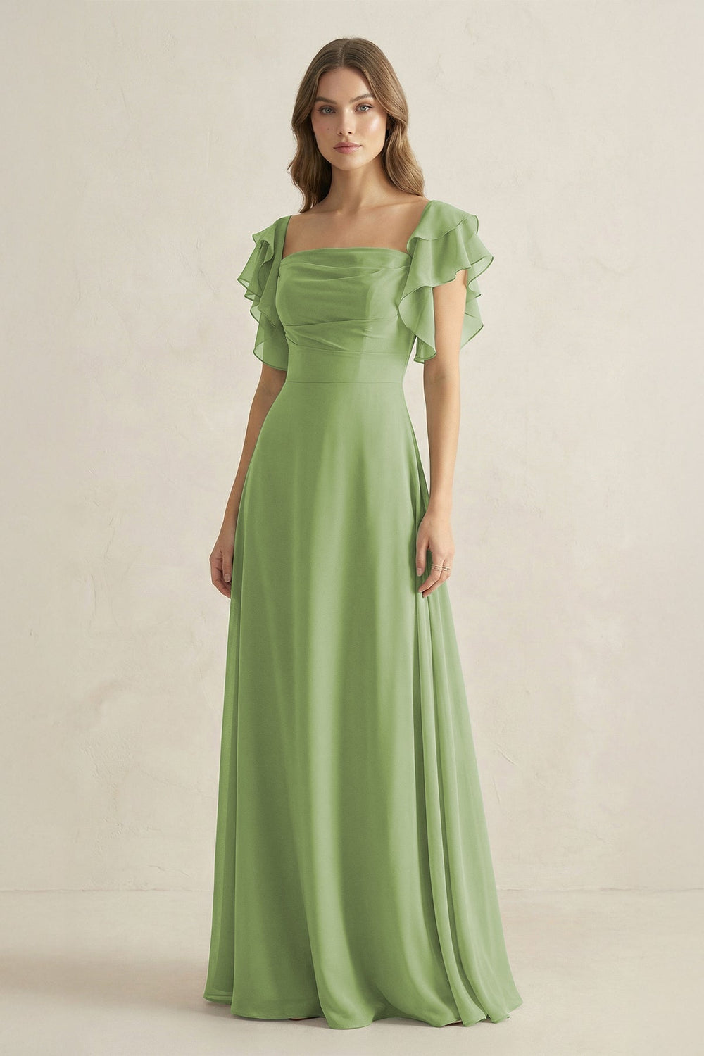 Ruffled Sleeves A-Line Chiffon Bridesmaid Dress in Matcha - KissProm BRIDESMAID DRESSES