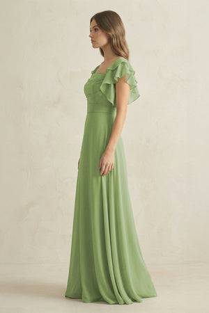 Ruffled Sleeves A-Line Chiffon Bridesmaid Dress in Matcha - KissProm BRIDESMAID DRESSES