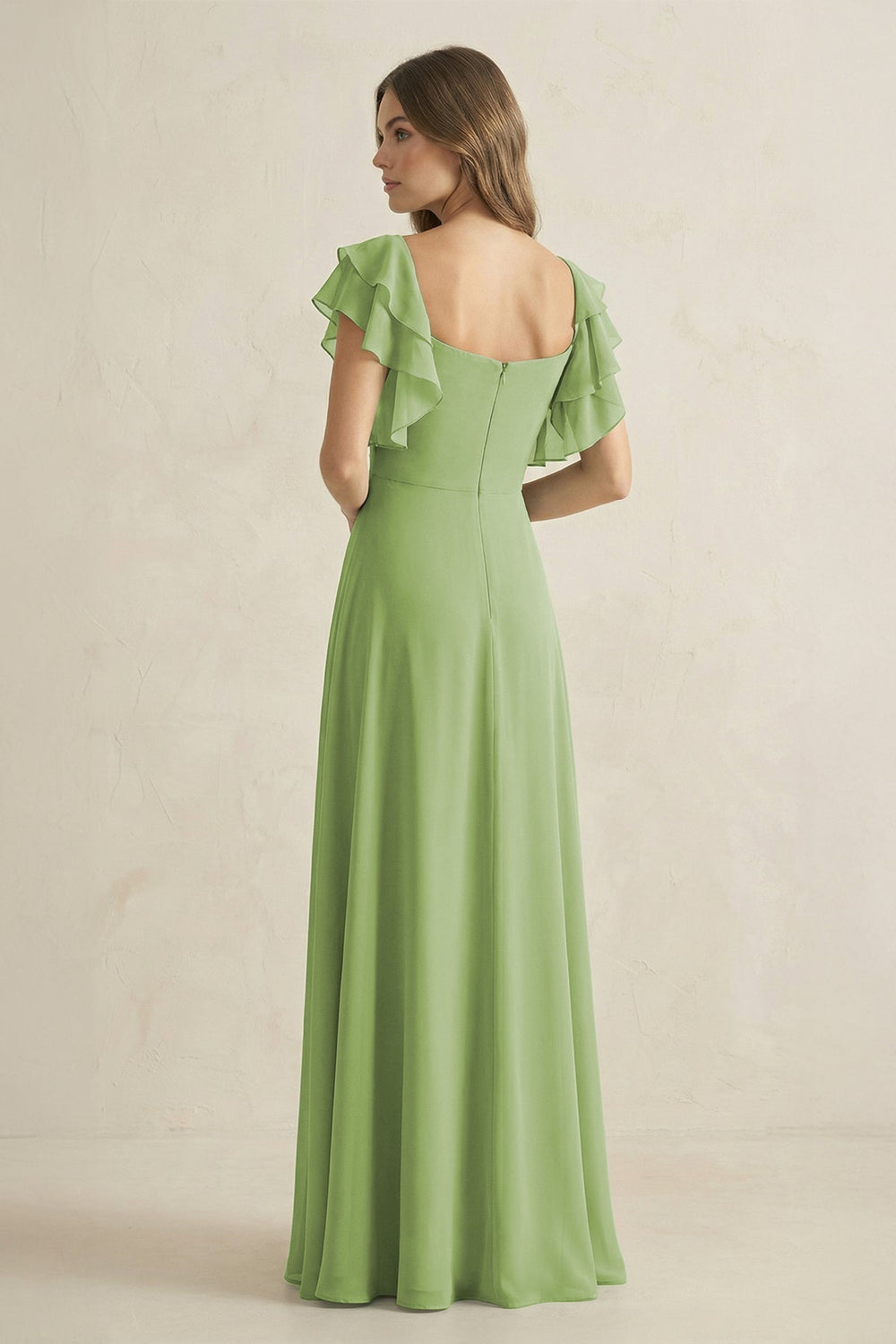 Ruffled Sleeves A-Line Chiffon Bridesmaid Dress in Matcha - KissProm BRIDESMAID DRESSES