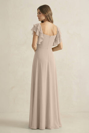 Ruffled Sleeves A-Line Chiffon Bridesmaid Dress in Almond - KissProm BRIDESMAID DRESSES