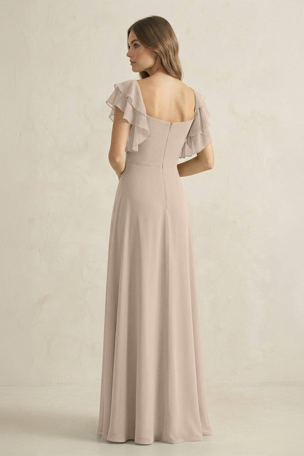 Ruffled Sleeves A-Line Chiffon Bridesmaid Dress in Almond - KissProm BRIDESMAID DRESSES