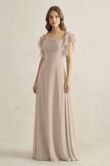 Ruffled Sleeves A-Line Chiffon Bridesmaid Dress in Almond - KissProm BRIDESMAID DRESSES