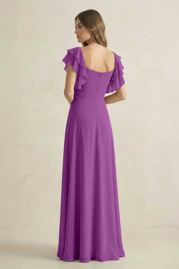 Ruffled Sleeves A-Line Chiffon Bridesmaid Dress in Amethyst - KissProm BRIDESMAID DRESSES