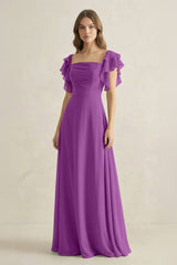 Ruffled Sleeves A-Line Chiffon Bridesmaid Dress in Amethyst - KissProm BRIDESMAID DRESSES