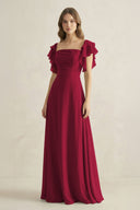 Ruffled Sleeves A-Line Chiffon Bridesmaid Dress in Berry - KissProm BRIDESMAID DRESSES