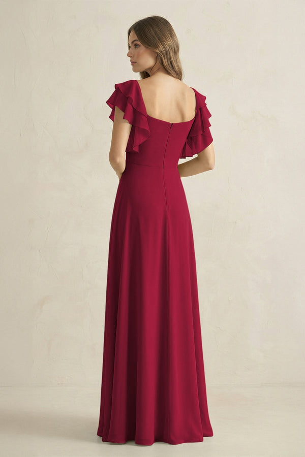 Ruffled Sleeves A-Line Chiffon Bridesmaid Dress in Berry - KissProm BRIDESMAID DRESSES