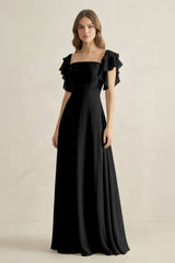 Ruffled Sleeves A-Line Chiffon Bridesmaid Dress in Black - KissProm BRIDESMAID DRESSES