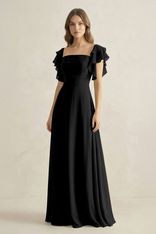 Ruffled Sleeves A-Line Chiffon Bridesmaid Dress in Black - KissProm BRIDESMAID DRESSES