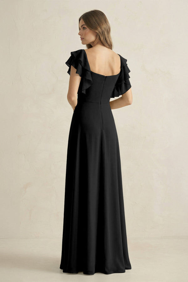 Ruffled Sleeves A-Line Chiffon Bridesmaid Dress in Black - KissProm BRIDESMAID DRESSES