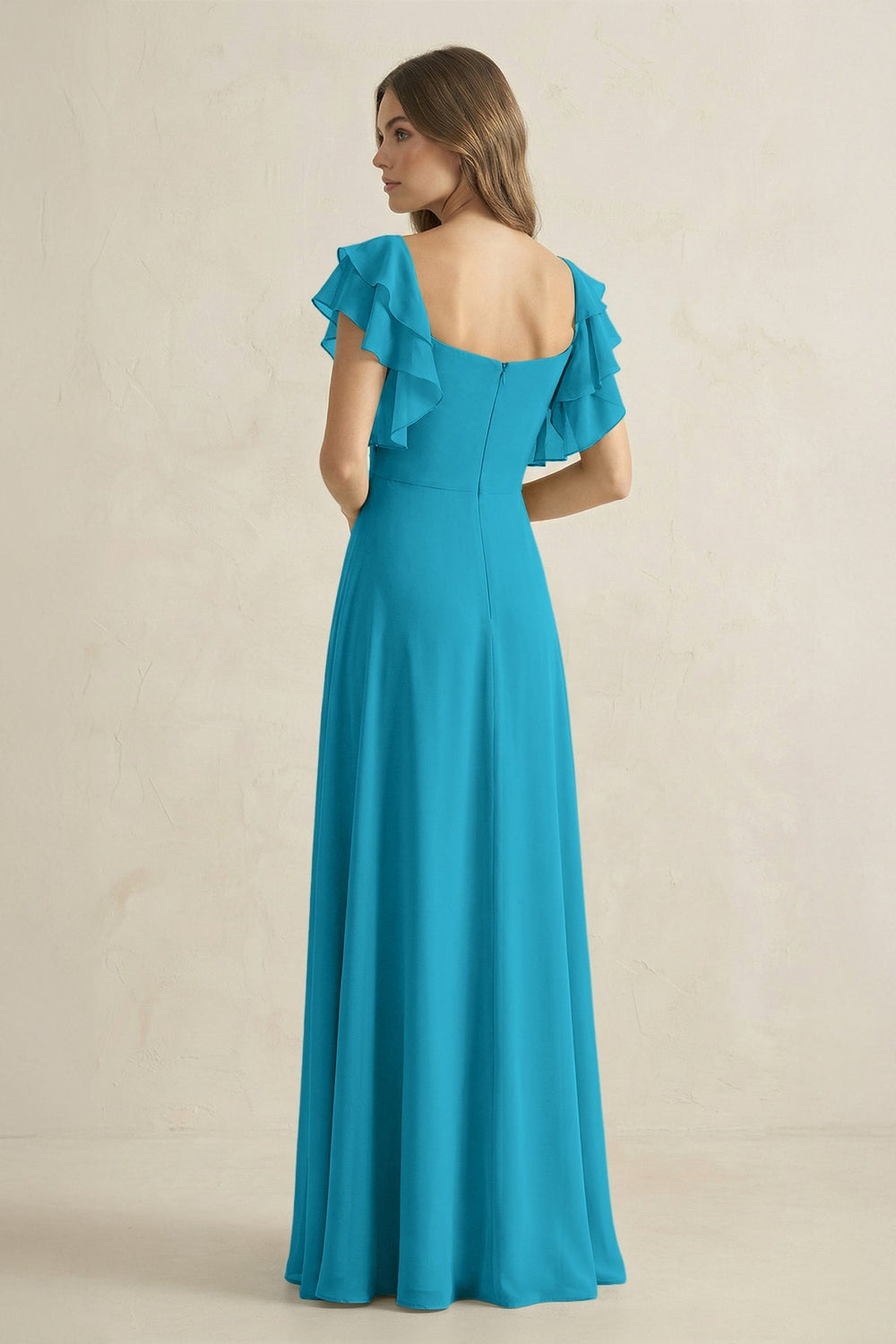 Ruffled Sleeves A-Line Chiffon Bridesmaid Dress in Blue Jay - KissProm BRIDESMAID DRESSES