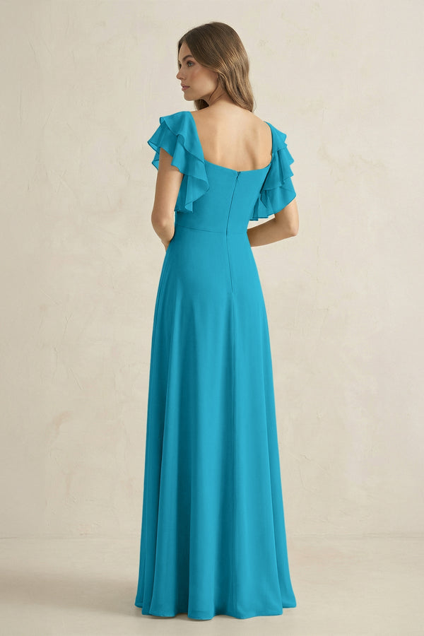 Ruffled Sleeves A-Line Chiffon Bridesmaid Dress in Blue Jay - KissProm BRIDESMAID DRESSES
