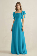 Ruffled Sleeves A-Line Chiffon Bridesmaid Dress in Blue Jay - KissProm BRIDESMAID DRESSES