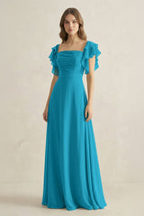 Ruffled Sleeves A-Line Chiffon Bridesmaid Dress in Blue Jay - KissProm BRIDESMAID DRESSES