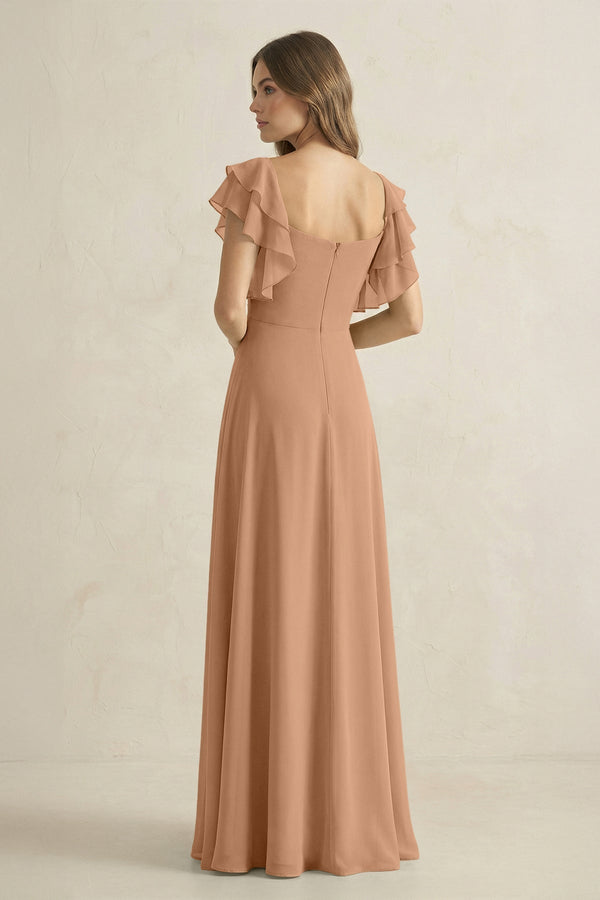 Ruffled Sleeves A-Line Chiffon Bridesmaid Dress in Bronzer - KissProm BRIDESMAID DRESSES
