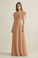 Ruffled Sleeves A-Line Chiffon Bridesmaid Dress in Bronzer - KissProm BRIDESMAID DRESSES