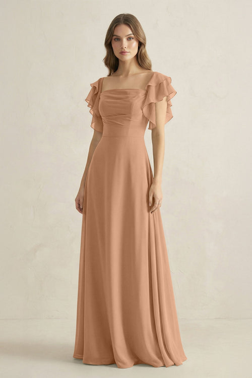 Ruffled Sleeves A-Line Chiffon Bridesmaid Dress in Bronzer - KissProm BRIDESMAID DRESSES