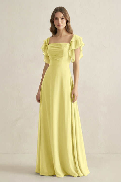 Ruffled Sleeves A-Line Chiffon Bridesmaid Dress in Buttercup - KissProm BRIDESMAID DRESSES