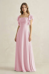 Ruffled Sleeves A-Line Chiffon Bridesmaid Dress in Candy Pink - KissProm BRIDESMAID DRESSES