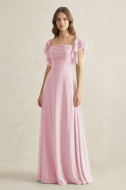 Ruffled Sleeves A-Line Chiffon Bridesmaid Dress in Candy Pink - KissProm BRIDESMAID DRESSES