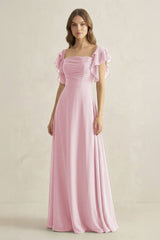 Ruffled Sleeves A-Line Chiffon Bridesmaid Dress in Candy Pink - KissProm BRIDESMAID DRESSES