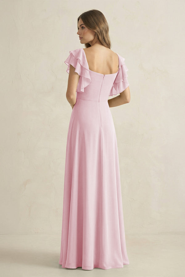 Ruffled Sleeves A-Line Chiffon Bridesmaid Dress in Candy Pink - KissProm BRIDESMAID DRESSES